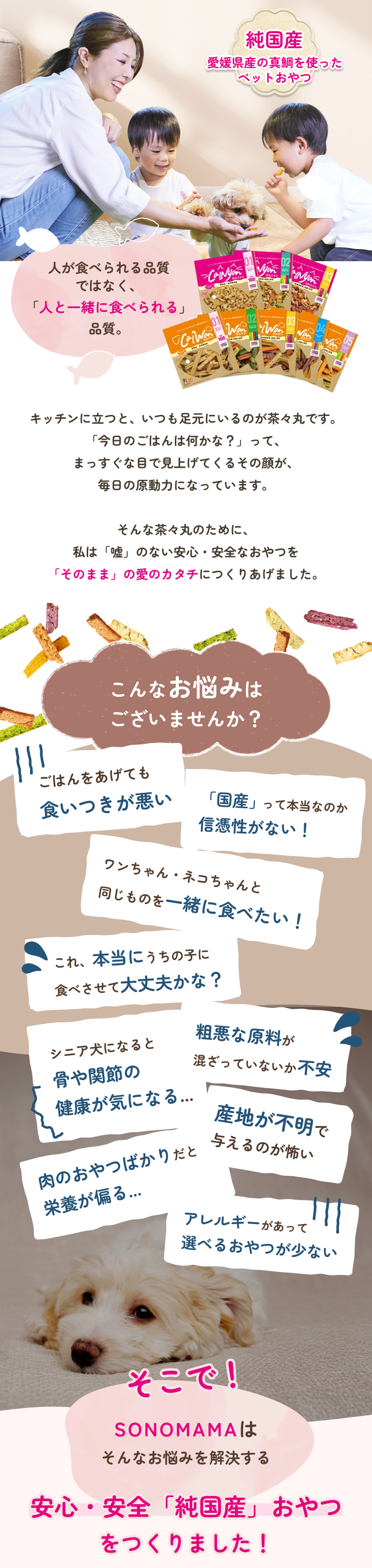 愛媛県産真鯛と国産野菜を使用した人と一緒に食べられるペットのおやつ